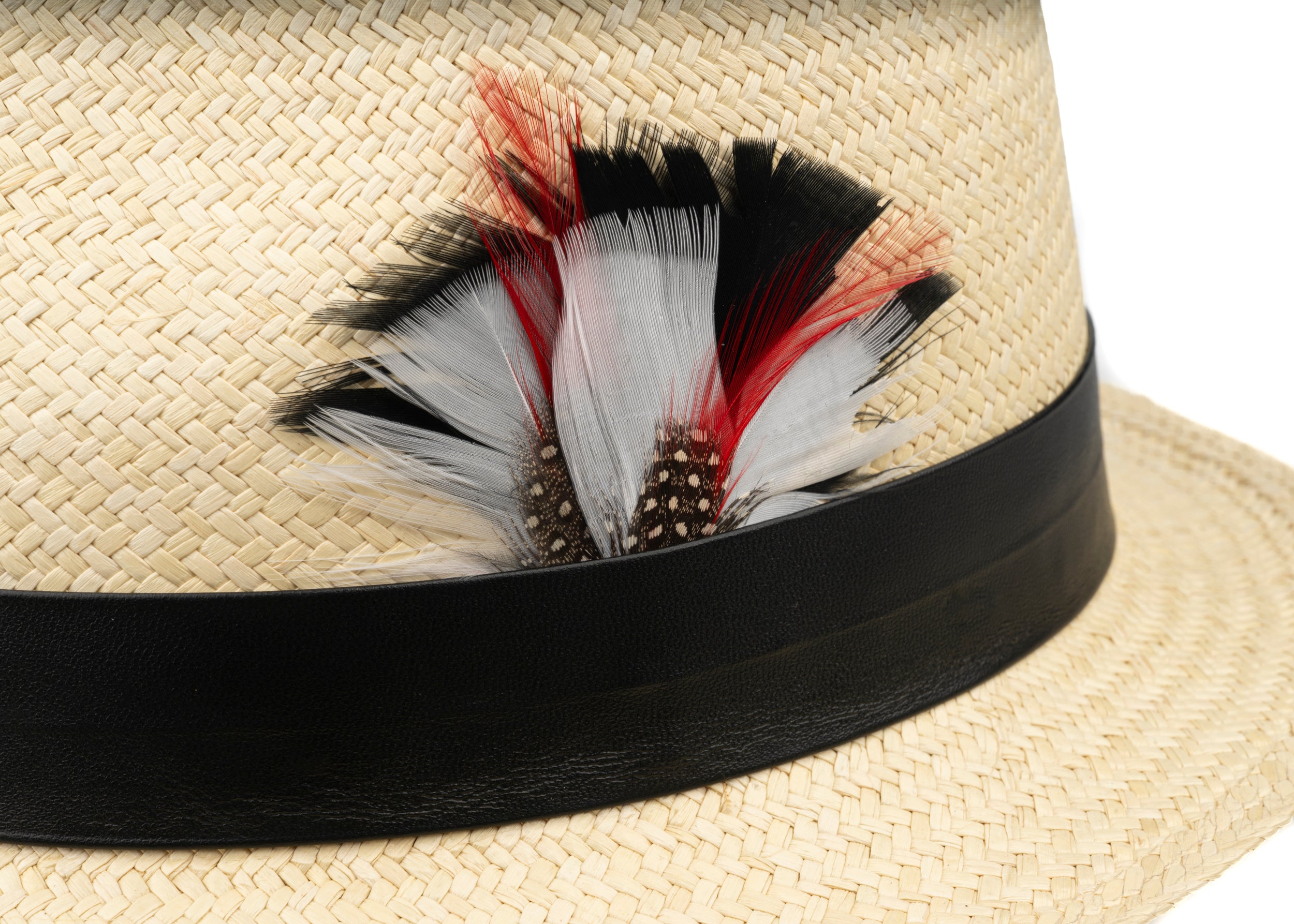 Trilby Panama (Semi-bleached) black PU Leather band with Red, White, Black Feathers