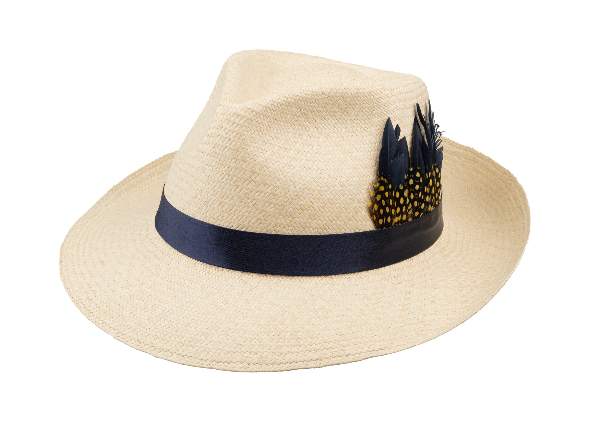 Trilby Panama (Semi-bleached) Navy Band with Speckled Feathers