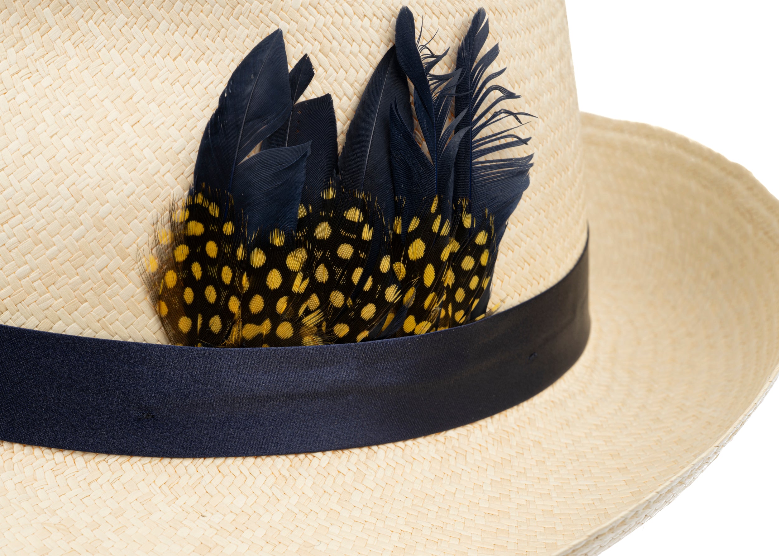 Trilby Panama (Semi-bleached) Navy Band with Speckled Feathers