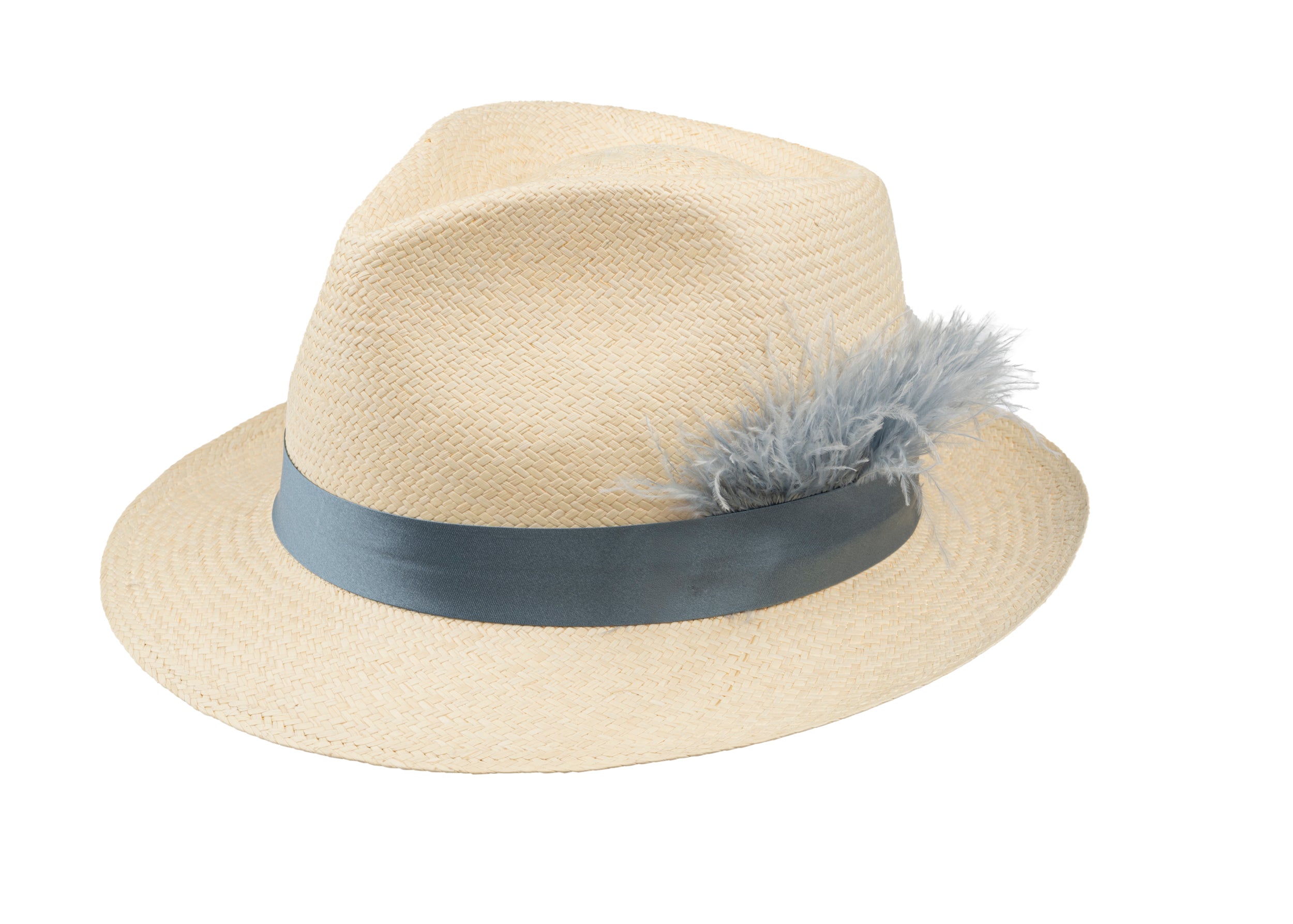 Trilby Panama (Semi-bleached) Light Blue Band with Blue Feathers